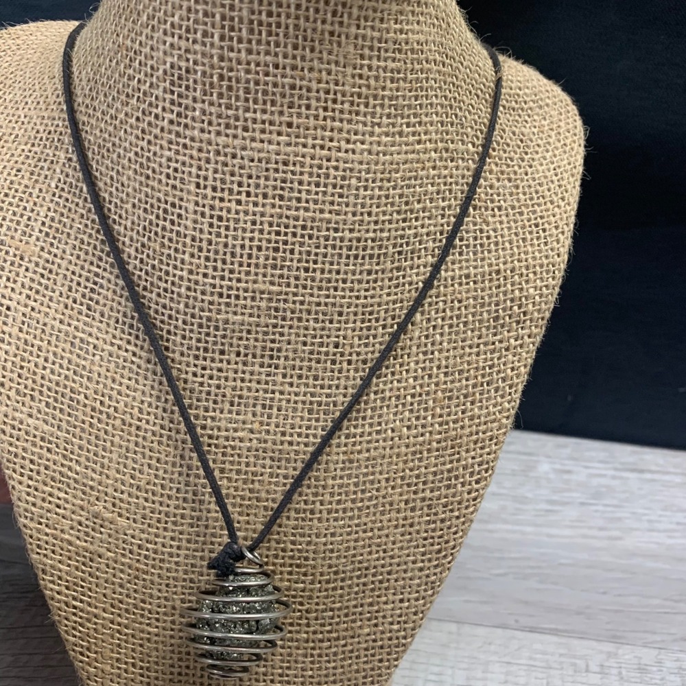 Pyrite Raw Crystal Spiral Cage Pendant Necklace Black Cord 26 Inch Boho